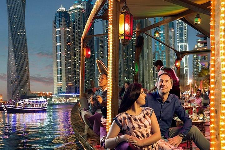 Experience a romantic dinner cruise along the stunning Dubai Marina featuring an international buffet and breathtaking views of the iconic skyline. Perfect for weddings and honeymoons.